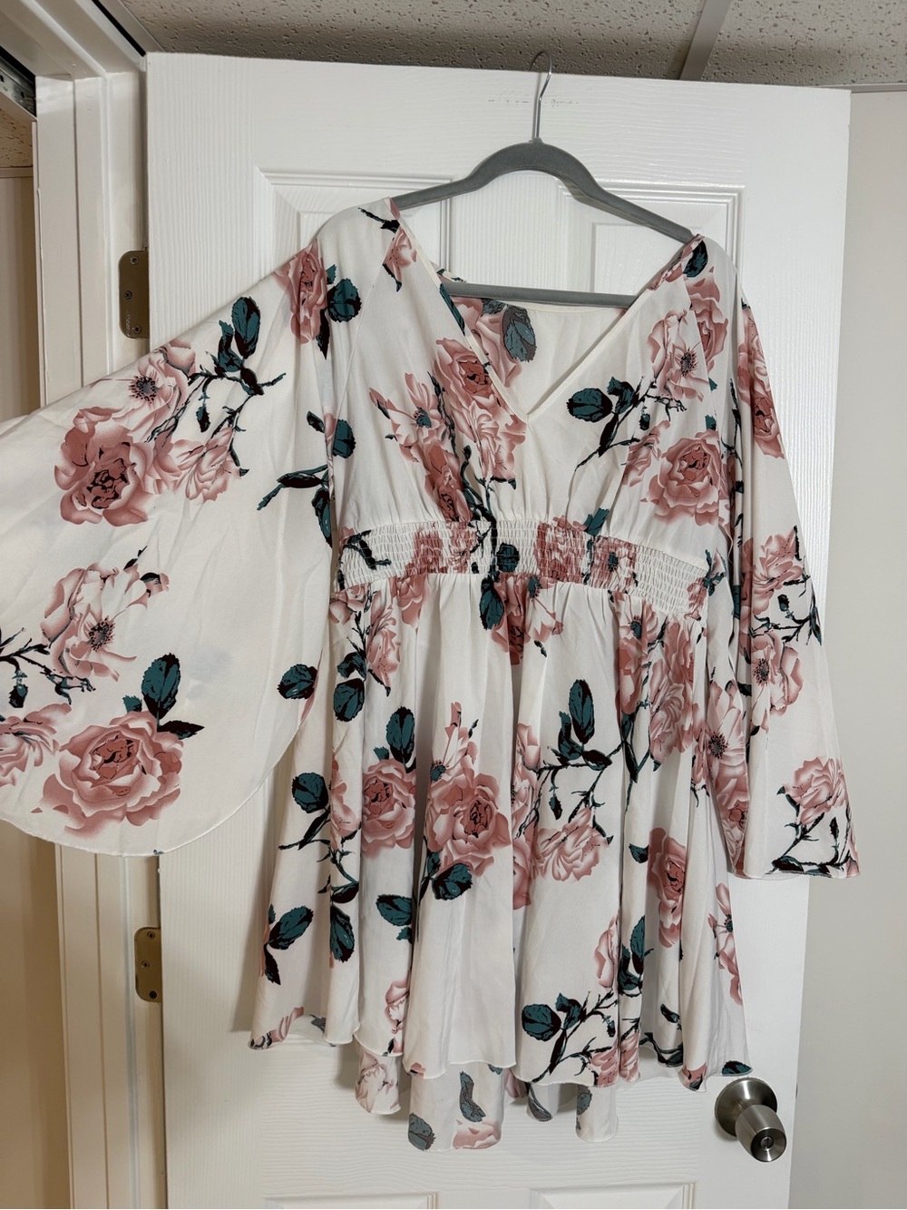SHEIN Ivory Floral High-Low V-Neck Dress with Dusty Pink Roses and Teal Leaves